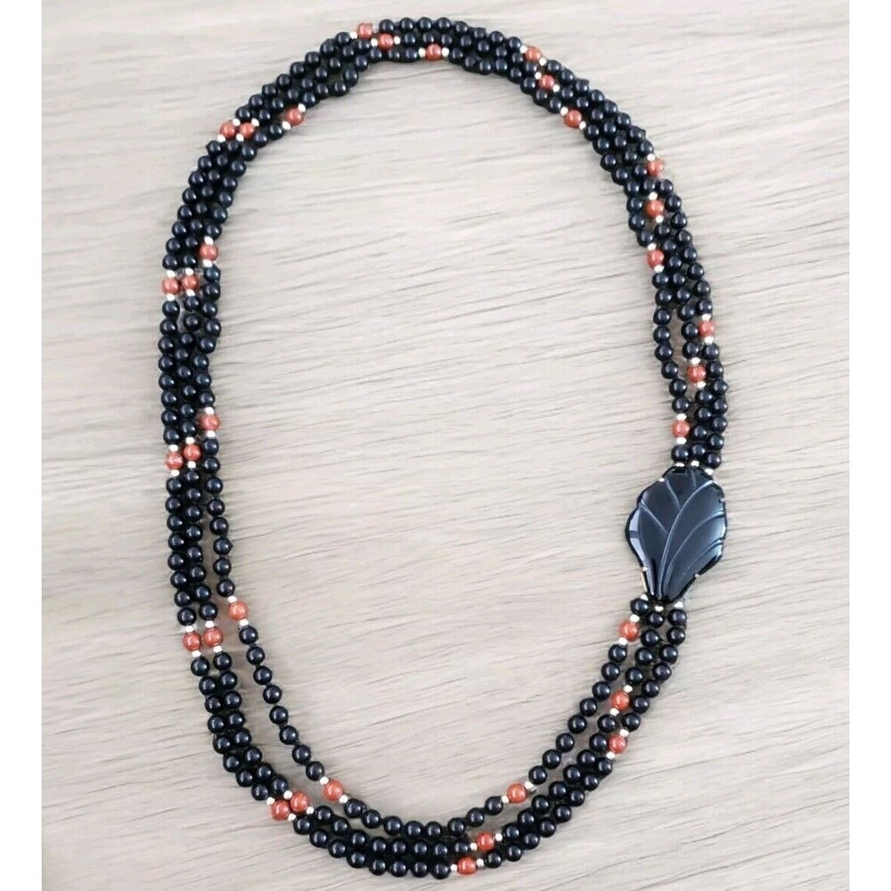 Vintage Black Onyx and Carnelian Beaded Necklace Three Strands 30" Onyx Station